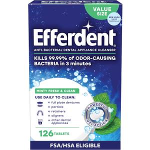 Efferdent Denture Cleaner Tablets Dental Appliances, Aligners, Mouth Guard, and Retainer Cleaner Tablets, Minty Fresh & Clean, 126 Count