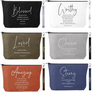 Huhumy 12 Pcs Christian Gifts for Women Makeup Cosmetic Bags Religious Bible Verse Lanyard Keychain for Church Godmother(Neutral Colors,English Bible Word)