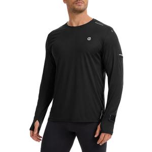 UPF 50+ Long Sleeve Running & Fishing Shirt for Men with Watch & Thumb Hole, Reflective Quick Dry Athletic Tee Shirts (Black, XXL)