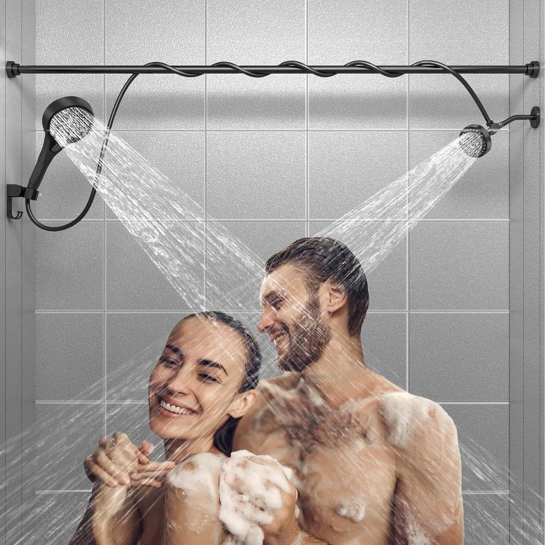Dual Shower Head for Couples: High Pressure Double Shower Heads for Two People - Adjustable Two Showerhead System with 3 Flow Settings Fits 2 Person Bathroom (Black)