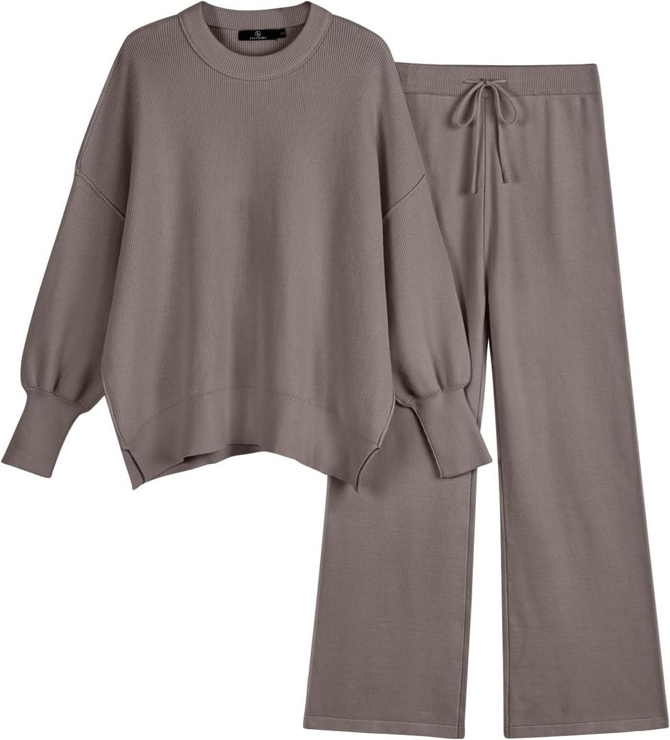 LILLUSORY Lounge Sets For Women 2 Two Piece Outfits 2025 Fall Winter Airport Trendy Matching knit Sweat Suit Sweaters Pants Sweatsuit Loungewear Cute Travel Fashion Clothes Mocha, S