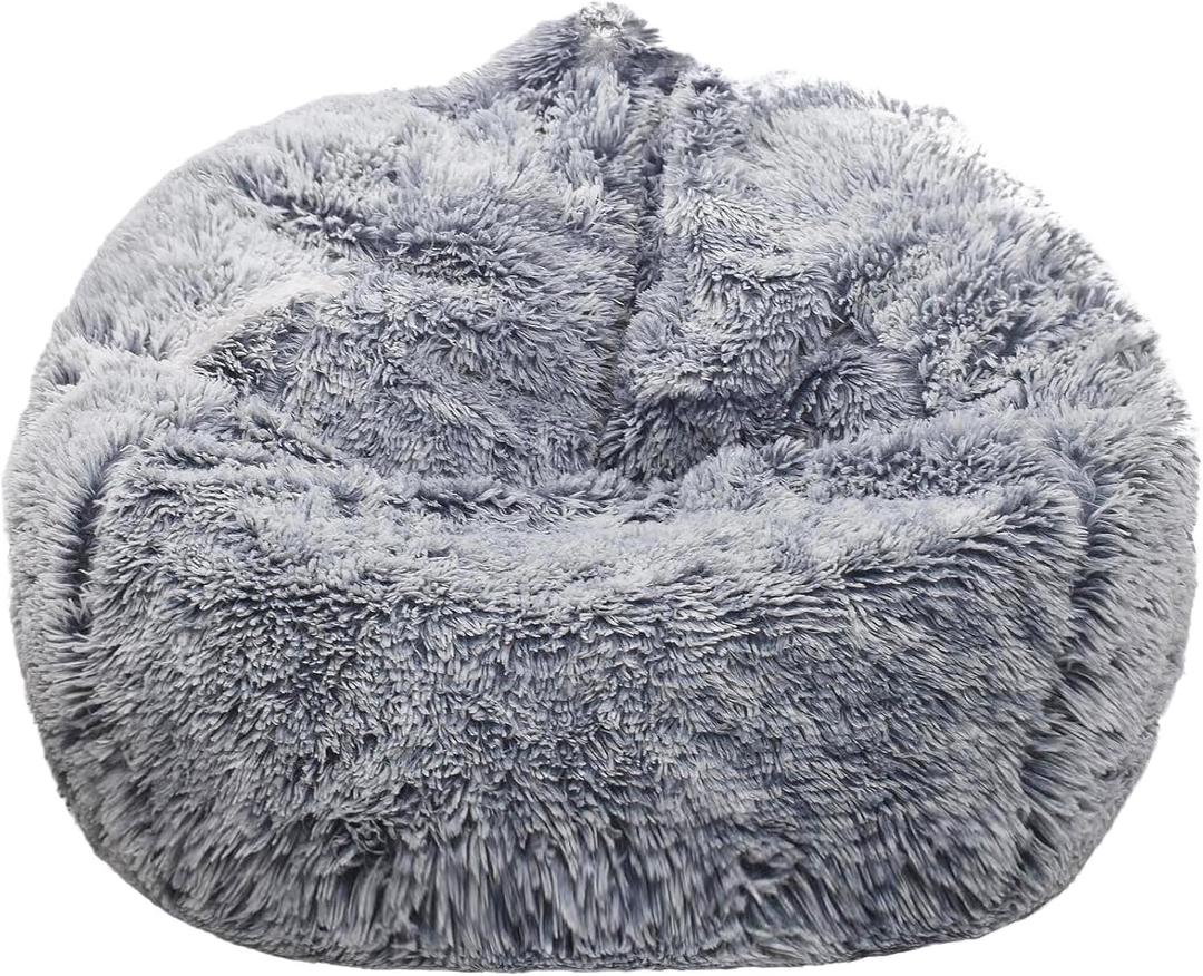 Fluffy Stuffed Animal Storage Bean Bag Chair Cover (No Filler), Faux Fur Comfy Bean Bag Cover for Organizing Plush Toys or Textile, for Adults Teens Kids Girls, Gray (Grey)