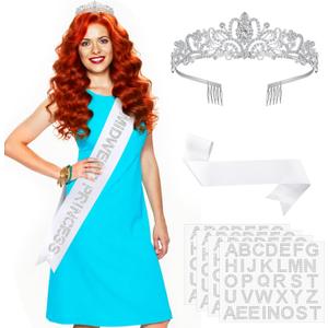 Remuuly 1 Set Princess Sash for Pageants Prom Queen Crown Blank Sashes Rhinestones Tiara Satin Sash with Rhinestone Iron on Letters Stickers for Halloween Prom Graduation