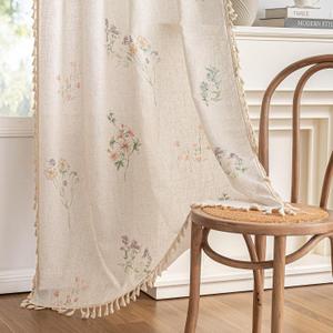 MYSKY HOME Floral Boho Farmhouse Curtains 96 Inches Long Linen Blend Spring Light Filtering Living/Dining Room Bohemian Window Treatments with Tassel Back Tab, 50" Wide Each Panel, 2 Panels, Pink