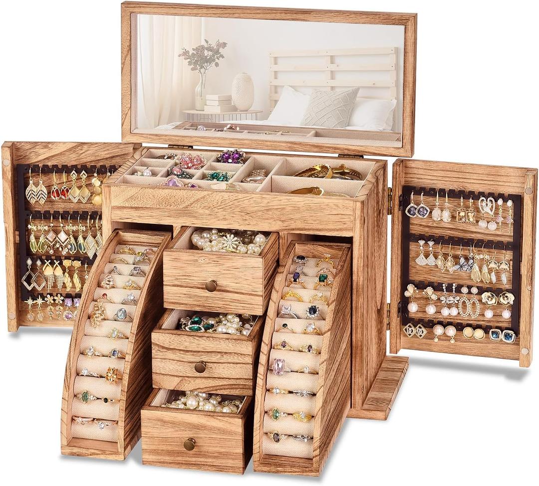 Poyilooo Jewelry Box Organizer, Solid Wood Jewelry Boxes fow Women with Mirror, Large Jewelry Organizer Box Display Earring Necklace Bracelet Ring, Rustic Style Small Jewelry Box for Girls