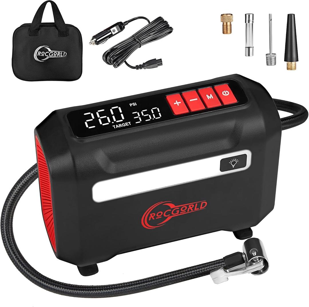 ROCGORLD R8 Tire Inflator Portable Air Compressor, DC 12V Air Compressor Portable with Large Dual Digital Screen, 3X Faster Inflation Air Pump for Car, Bike, Ball, Motor (Red)