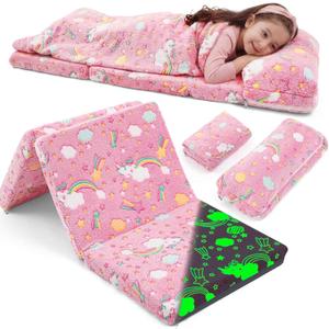 Preschool Nap Mat with Pillow and Blanket, 21" x 50" Glow Sleeping Bag Toddler Nap Mat for Daycare Kids, 2" Thick All in one Foldable Floor Mattress for Girl Boys