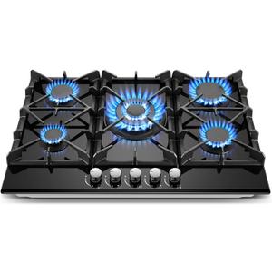 Gas Cooktop 30 Inch, Amzgachfktch 5 Burners Propane Stove, Built-in NG/LPG Convertible Gas Stove Top, Black Tempered Glass Propane Cooktop with Thermocouple Protection