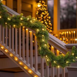 9ft Pre-Lit Christmas Garland, Artificial Lighted Norfolk Pine Garland with Multi-Color Lights, Battery Operated Garland for Mantle Stairs Table Fireplace Xmas Decorations