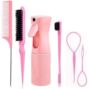 TATDBEUHW Hairdressing Set,Hair Set,Hair Styling Tool Set, 6 Pieces with 200ml Spray Bottle, Rat Tail Comb, Edge Brush, Hair Loop, Black and Pink
