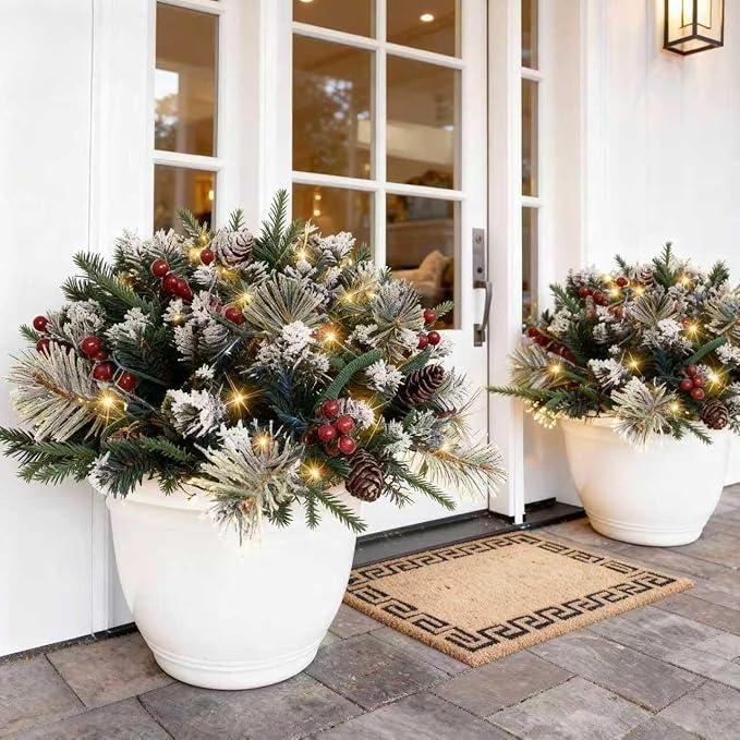 Christmas Planter Filler with Lights, Pre-Lit Faux Holiday Planters Battery Operated Christmas Pot Filler with Multi-Color LED Lights for Outdoor Porch & Pathway, Set of 2 Christmas Decor