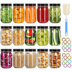 Mcupper Glass Mason Jars with Black Lids 16 oz - 15 Pack Regular Mouth Canning Jars for Food Storage, Meal Prep, Overnight Oats, DIY Crafts - Includes 22 Stickers & Brush