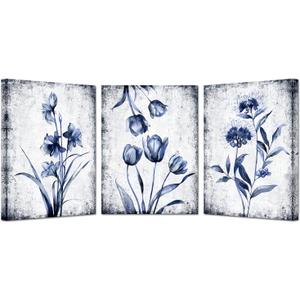 KREATIVE ARTS 3 Pieces Canvas Wall Art Navy Blue and Grey Flower Painting Art Prints Vintage Floral Picture Artwork Modern Bedroom Bathroom Wall Decor Framed Ready to Hang Each Panel 12x16 Inches