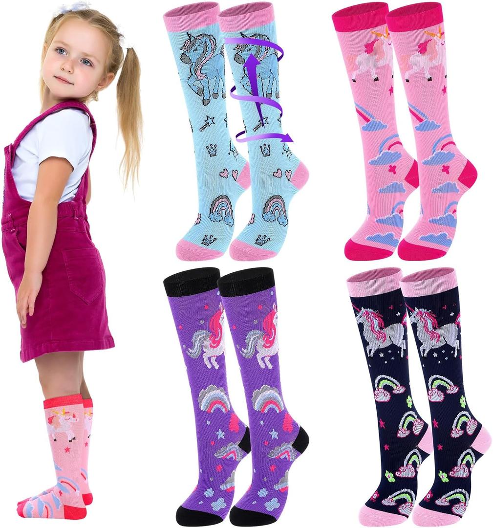 Tisancy 4 Pairs Kids Compression Socks 15-20 MM Hg Knee Length Compression Stockings Travel Socks for Kids Childrens (Unicorn, Multicolor)