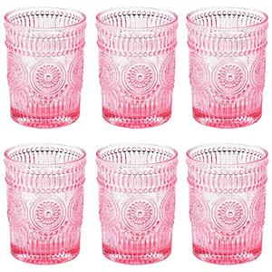 Romantic Water Glasses-10.5 OZ Pink Vintage Drinking Glasses Tumblers for Whisky, Beer, Juice, Beverages, Cocktail (6 PCS Pink)