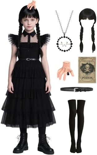 DIYLN Girls Black Dress for Halloween Costume Kids Family Party with Wig Necklace Socks Accessories Size 140