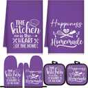 Sratte 6 Pcs Kitchen Decor Accessories Set Farmhouse Towels Pot Holders Oven Mitts Set 2 Dish Towels 2 Potholders 2 Cooking Mittens Oven Glove for Christmas Baking Cooking (Purple,Kitchen)