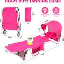 Wheel-To-Go Tanning Chair with Wheels Sun Canopy Umbrella Face Hole Thicker Washable Adjustable, Heavy Duty Folding Sun Lounge Chair Beach Outside Sunbathing Reading, UPF 50+, Pink (Patent Design), Standard to Large