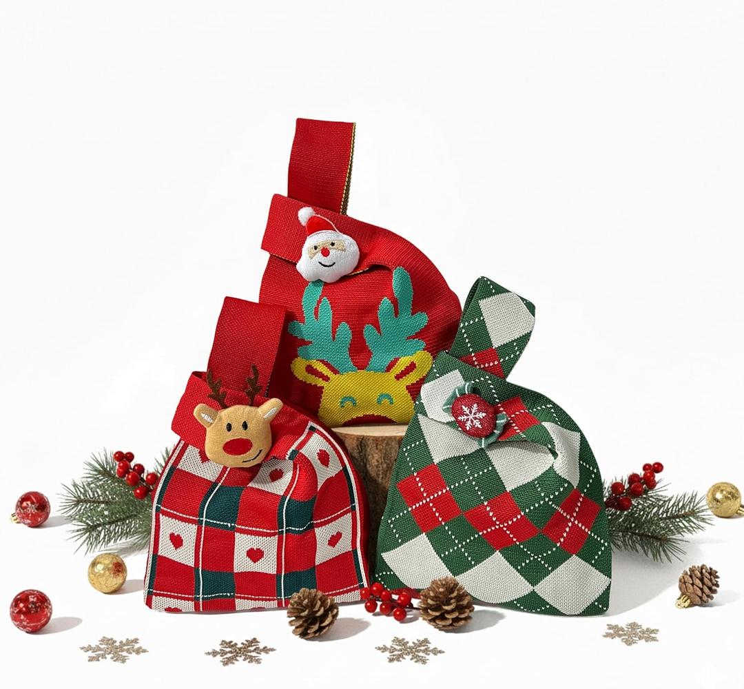 Crochet Knitted Gift Bag for Christmas Parties Babys Birthday Companion Childrens Gathering, Candy bags Ideal Hand Gift Packing with Various Patterns 7.87*13.8 inchesReusable Casual Handbag Outdoor Styling and Accessories (Reindeer Red-grid-diamond grid)