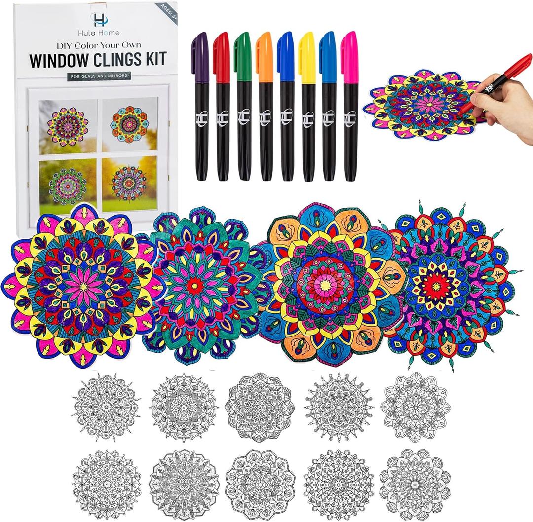 Hula Home Stained Glass Mandala Art Kit - DIY Window Clings with Markers, 10 Suncatchers - Perfect Hobby for Adults, Kids, Teens & Seniors - Ideal Gift for Beginners, Women & Elderly