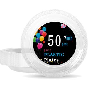 WELLIFE 7 Inch Plastic Plates Clear 50 Count Disposable Plate for Party, Dessert Small Plates for Dinner Cake Salad Supplies Birthday