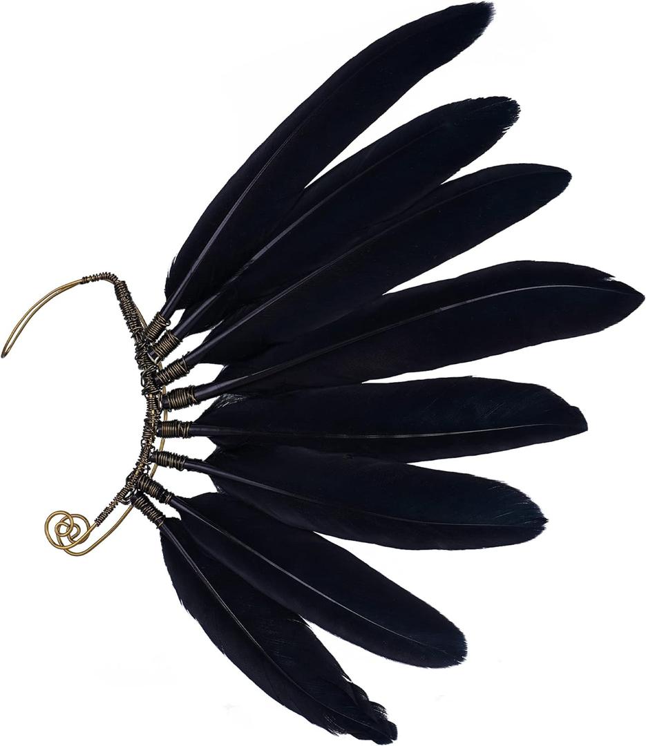 FRESHME Black Faux Feather Ear Cuffs - Indian Ethnic Plume Ear Clips Viking Tribal Earrings Bronze Wire Wrapped Fairy Elf Ear Cuffs Wraps Fantasy Jewelry for Unisex Cosplay Costume Dress Accessories, Pack of 2 