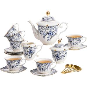 TATSUMI Country Roses Porcelain Tea Set, European Ceramic tea set for adults,Vintage Style, For Women and Tea Parties (BLUE, 21 Pieces Set)