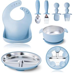 7 Pieces 304 Stainless Steel Baby & Toddler Feeding Set - Suction Divided Plates, Bowls, Silicone & Stainless Spoon Fork, Pocket Bib Unbreakable, Dishwasher Safe Kids Dinnerware Essentials (Blue)