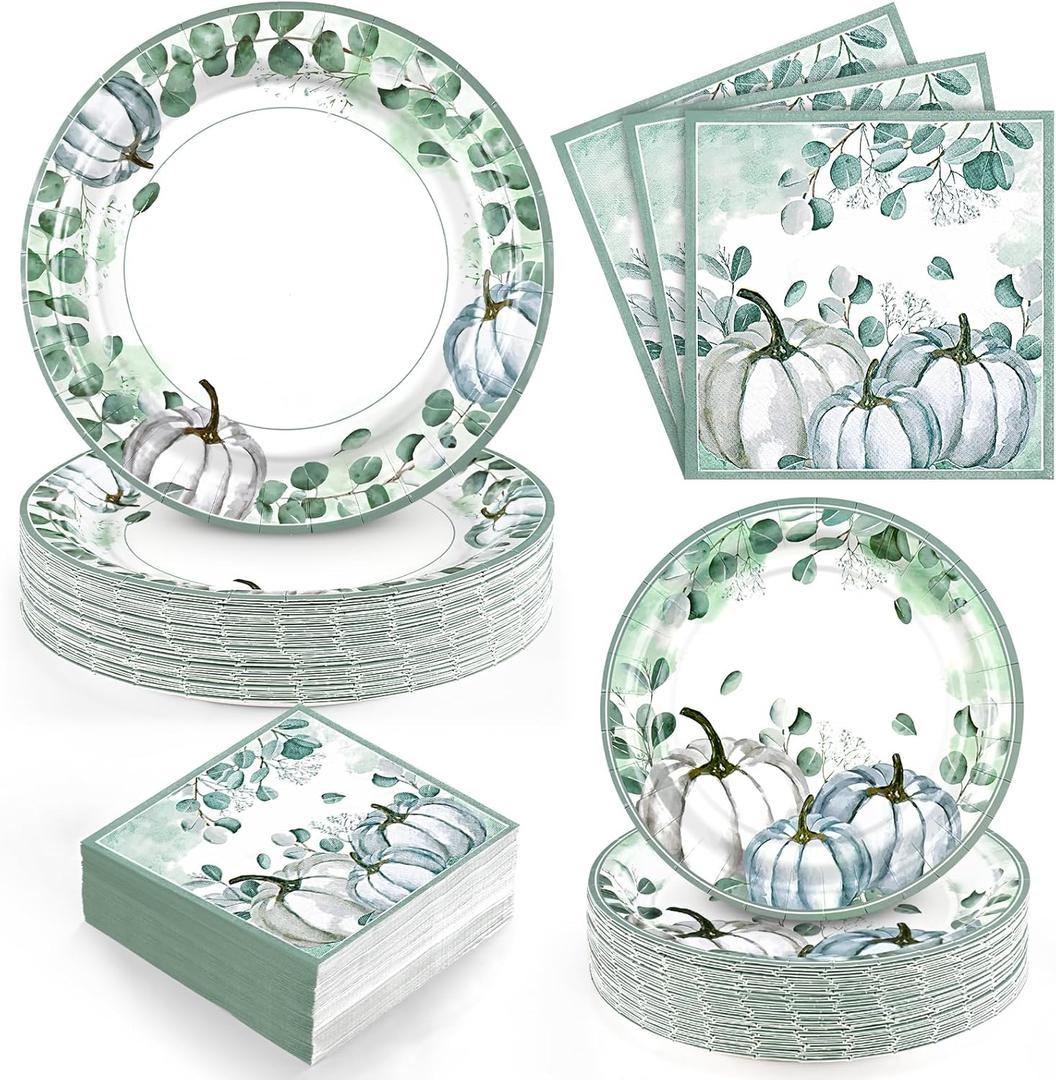 Homlouue 200 PCS Fall Paper Plates and Napkins Blue Pumpkin Plates, Thanksgiving Plate Disposable for Fall Theme Party Harvest Thanksgiving Decoration,Watercolor Pumpkin Paper Plate Serve 50 Guest