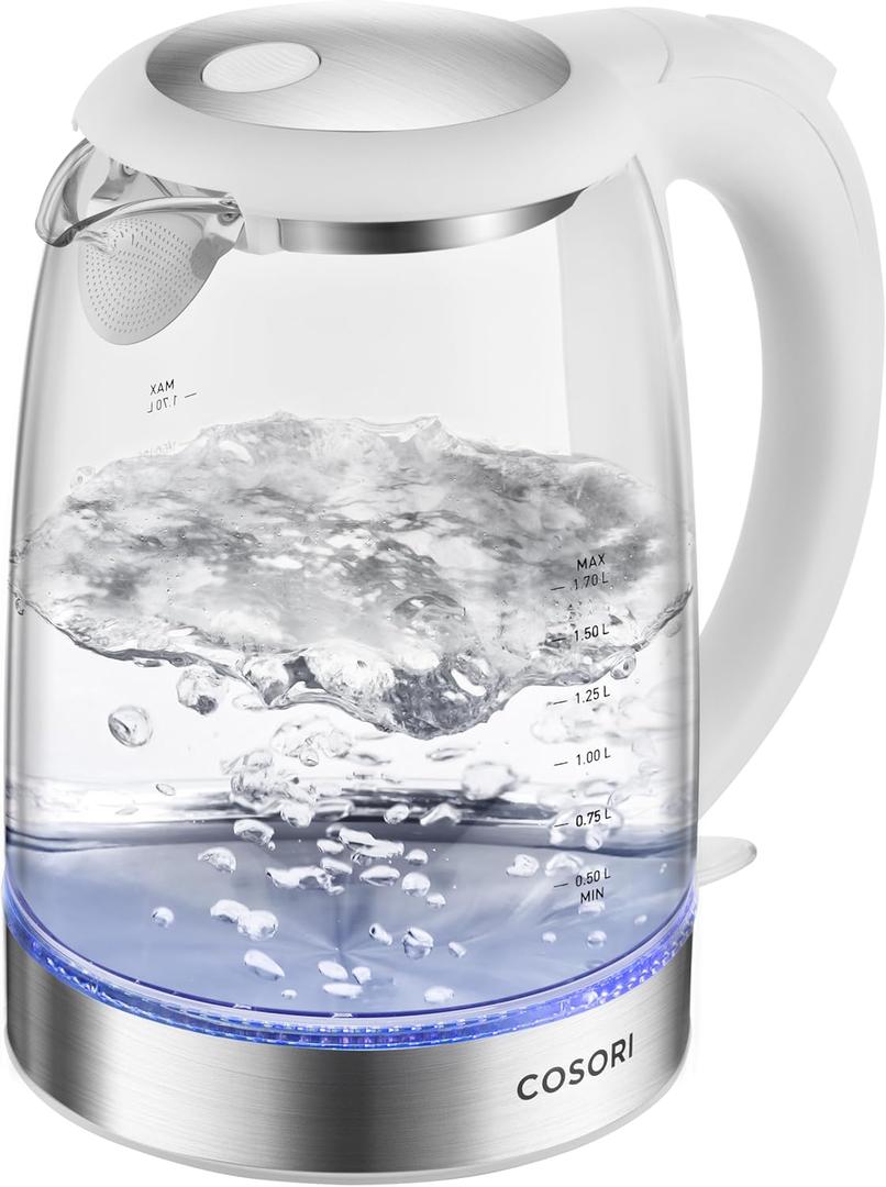 Cosori Electric Kettle, No Plastic Filter & Spout, Tea Kettle & Hot Water Boiler For Coffee & Tea, Water Heater & Teapot, Automatic Shut Off, Borosilicate Glass, White, 1.7L/1500W (1.8 Quarts)