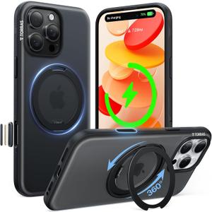 TORRAS for iPhone 16 Pro Case 360 Magnetic Stand O3 Fitness Series, [Fit for MagSafe] [360 Rotating Kickstand] 4X Mil-Grade Shockproof, Camera Control Button, Slim, Translucent Obsidian Black