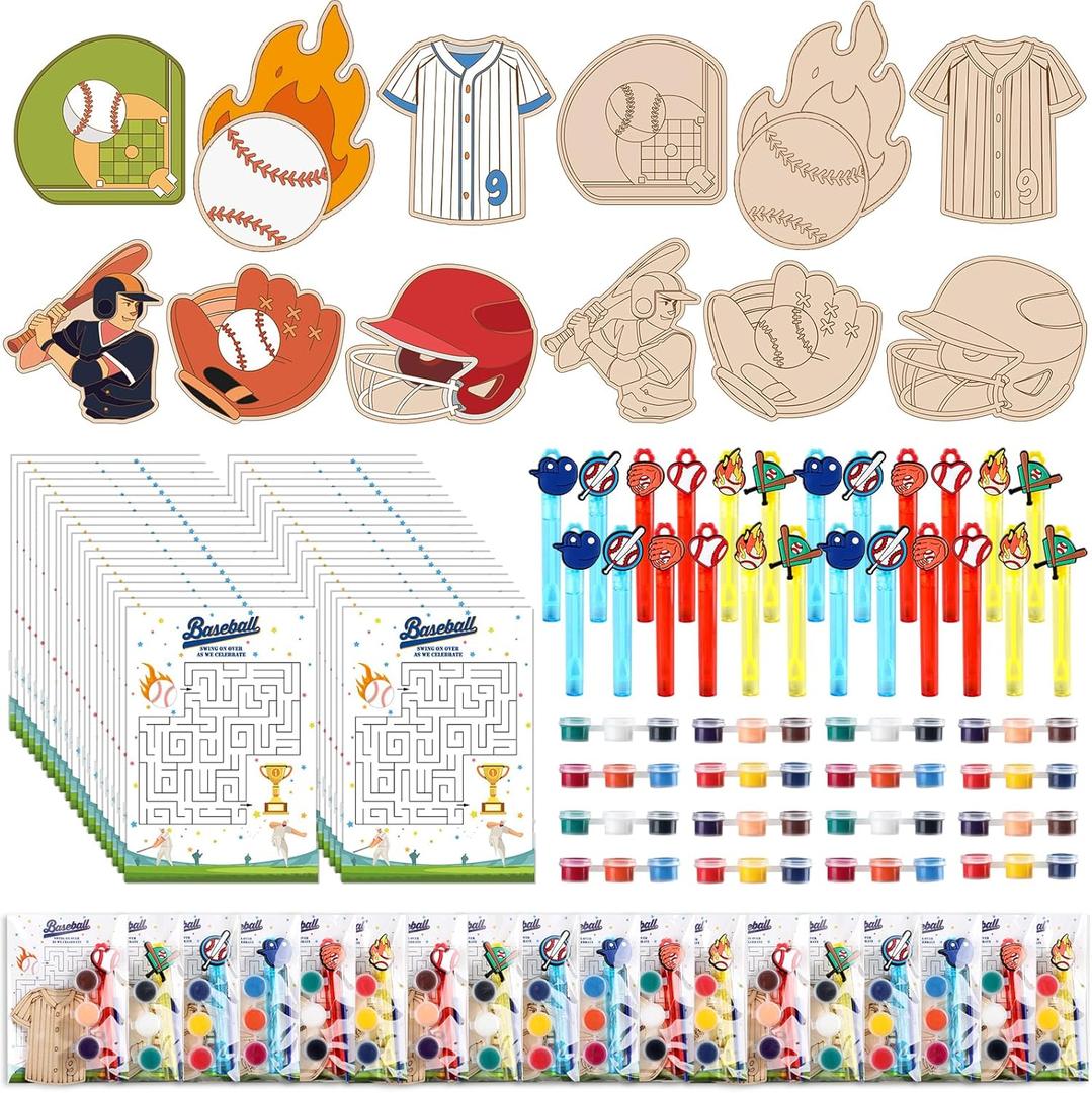 party greeting 24 Sets Baseball Party Favors Sport Themed DIY Craft Kits for Baseball Wooden Painting Set with Bubble Wands & Maze Cards Birthday Party Goodie Bags Gifts Prizes