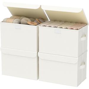 Foldable Storage Bin, Cube Organizer Basket with Flip-Top Lid and 2 Handles, Decorative Boxes for Shelves with Cover for Clothes, Towels, Blanket, 4 Pack, Beige, 13 x 9 x 7.9 In, XSNY12BEM-4