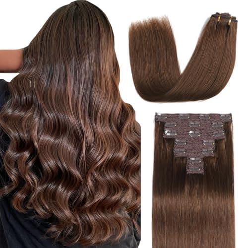 Sisily Clip in Hair Extensions Real Human Hair, 24 Inch Premium Human Hair Clip in Extensions Chocolate Brown, Soft Straight Hair Extensions Real Human Hair Clip ins 7PCS Double Weft（24 Inch #4）