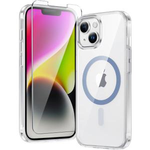 2 x FNTCASE for iPhone 13 Phone Case: Clear Phone Case Magnetic Military Grade Drop Protection Anti Yellowing Cell Phone Cover- Rugged Shockproof Protective Bumper (D-Blue Magnetic)