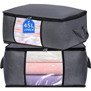 BiCINE 2 Pack Clothes Organizer Storage Bags with Zipper, 45L Foldable Blanket Storage Box with Clear Window Sturdy Handles for Closet, Dorm, Pillows, Bedding, Sweater, Clothing, Gray