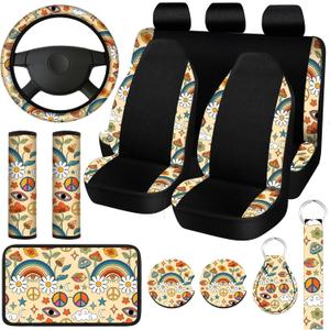 Riakrum 15 Pcs Boho Hippie car seat Covers Full SetDaisy Rear Front Seat Protector Steering Wheel Cover Seat Belt Cover Armrest Pad Cup Mat Keychain Wrist Strap,Cute Car Accessories for Women