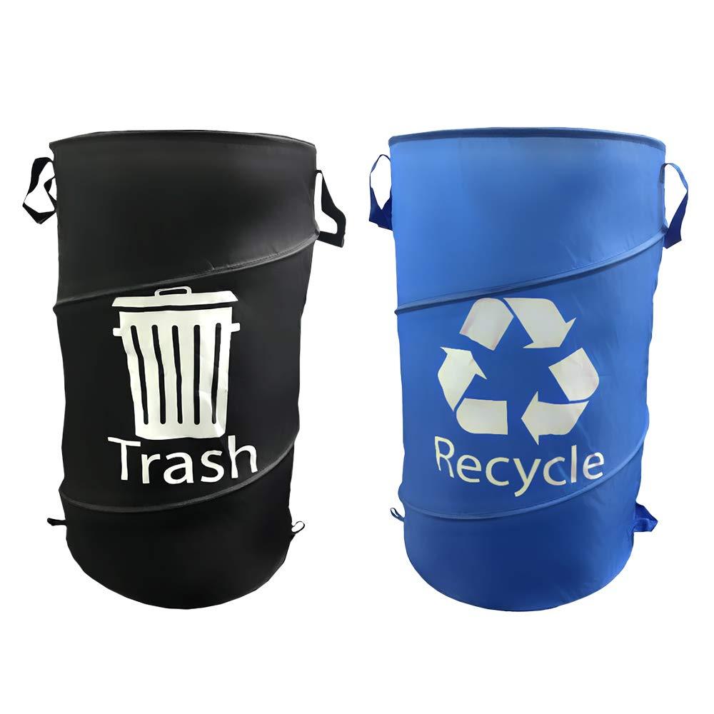 33 Gallon Blue and Black Glass Pop Up Trash and Recycling Container 2 Pack Bundle
