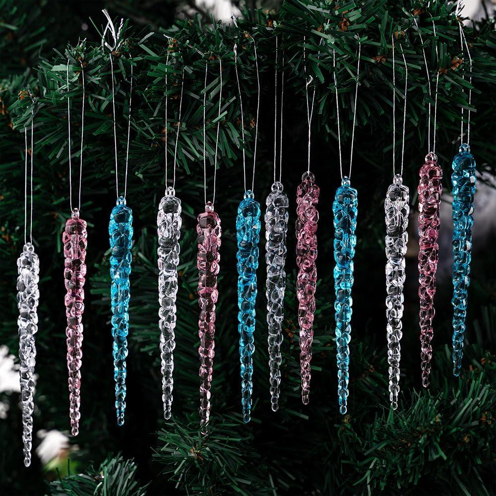 36pcs Crystal Christmas Ornaments Clear Acrylic Xmas Tree Icicle Hanging Ornaments for Christmas Tree New Year Wedding Decoration Supplies