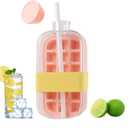 800ML My Crush Cup, YFJOLEN 2 in 1 Ice Cube Water Bottle with Straw for Cool Summer, Zero Touch Press Ice Cube Mold Tray for Coffee Juice Gym Outdoor Travel (Pink)