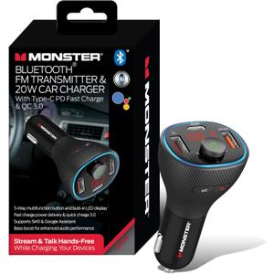 Monster Bluetooth FM Transmitter for Car Cigarette Lighter with 20W QC3.0 USB A & USB C PD Charger, Bass Boost Button, Flash Drive Port, Google Voice & Siri Compatible, Hands-Free Calls, Microphone