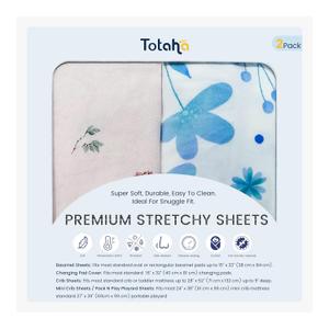 TotAha Premium Stretchy Pack N Play Playard Sheets | Mini Crib Sheets (2-Pack)-Hypoallergenic, Silky Comfort, AButtery Soft, Calming Effect, All-Season Jersey-Knit (Blue Flower & Small Floral)