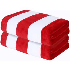 Exclusivo Mezcla 2 Pack Cotton Oversized 35x70 Inches Cabana Stripe Beach Towels, Super Absorbent Soft Plush Pool Bath Towel (Red)