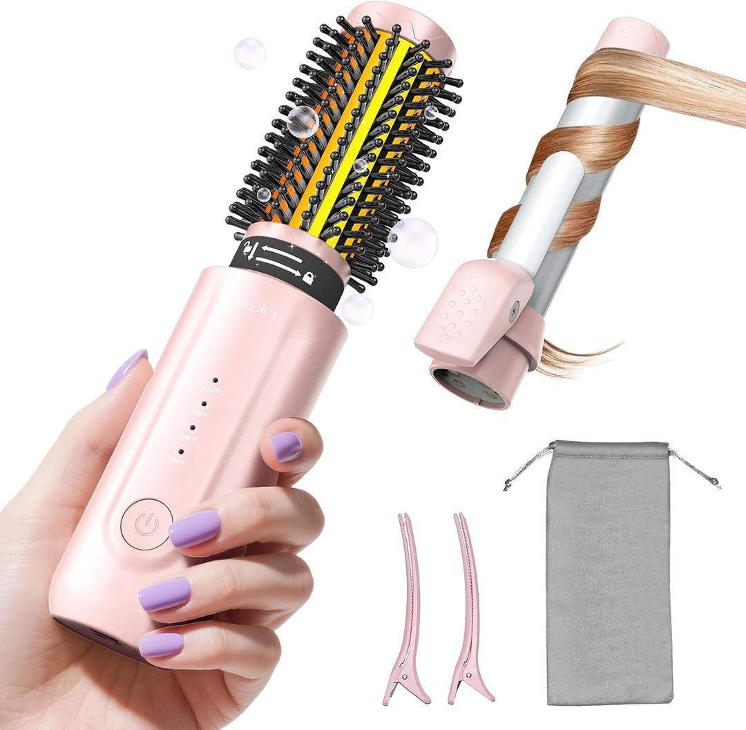 Cordless Curling Iron Brush, 2 in 1 Mini Travel Hot Straightener Comb with 200 Million Negative Ions, Dual Voltage & Lightweight for Travel, Anti-Tangle, 4 Temps, Gold (Pink)