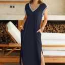 MEROKEETY Women's 2025 Spring Summer Maxi Dress Casual V Neck Split Beach Vacation Loose Long Dresses (S)