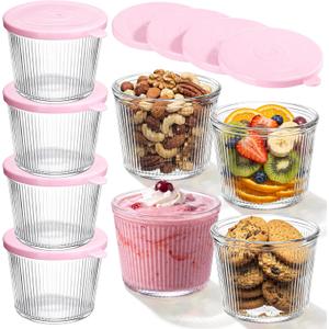 4 Sets Small Glass Bowls with Pink Lids 6.8oz Ribbed Clear Glass Containers Stackable Dessert Custard Pudding Cups Condiment Bowls for Sauces Dips Nuts Oats Candy Dessert Cereal
