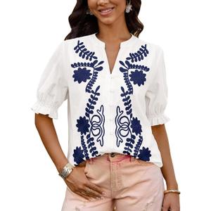 BTFBM Women's 2026 Spring Tops Casual Floral Boho V Neck Puff Short Sleeve Button Down Shirts Embroidered Blouses Tunic (White, S)