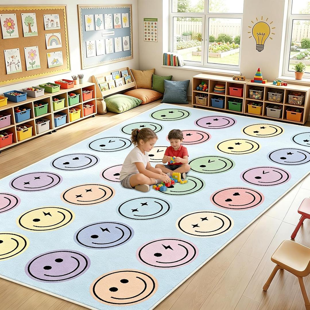 7.6x12 ft Large Smile Face Classroom Rug Happy Face Educational Area Mat Smile Faces Blue & Multicolor Play Carpet Back to School Learning Mat for Preschool Playroom Nursery Kindergarten(Blue)