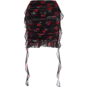 Verdusa Women's Floral Mesh Micro Mini Skirts Ruched High Waist Bodycon Ruffle Skirt (Black, L)