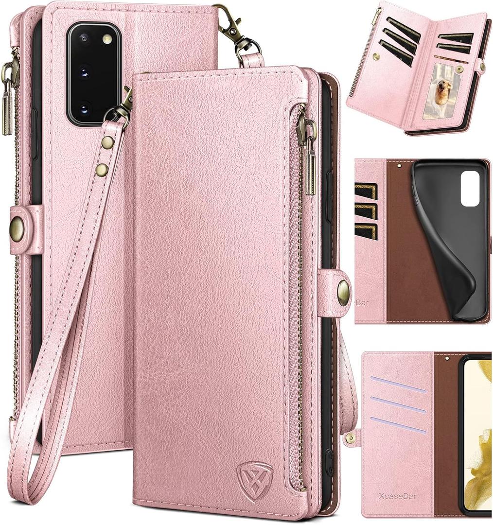 XcaseBar for Samsung Galaxy S20 Wallet case with Zipper Credit Card HolderRFID Blocking, Flip Folio Book PU Leather Phone case Shockproof Cover Women Men for Samsung S20 case Rose Gold